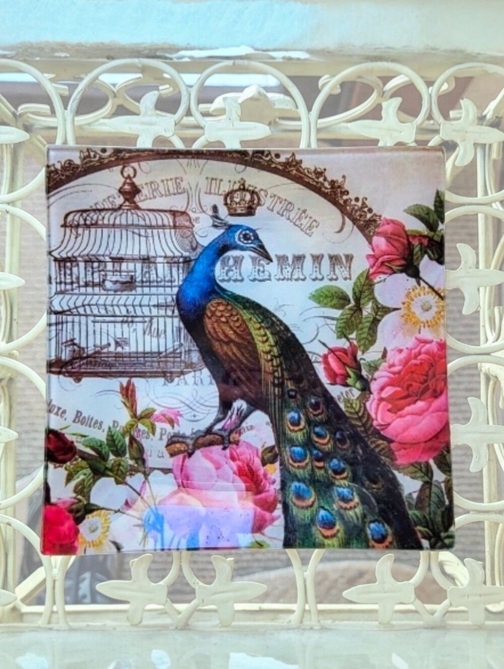 Vintage Retro Style Peacock Rose Trinket Dish Tray Accent Piece. Catchall